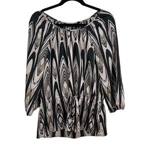 Banana Republic Blouse Keyhole Neck Tie Waist Peasant Sleeve Taupe Black Women M